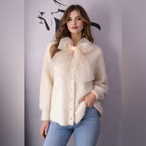 Elegant Cream Cardigan with light pink Organza Bow Detail. PTP 22.